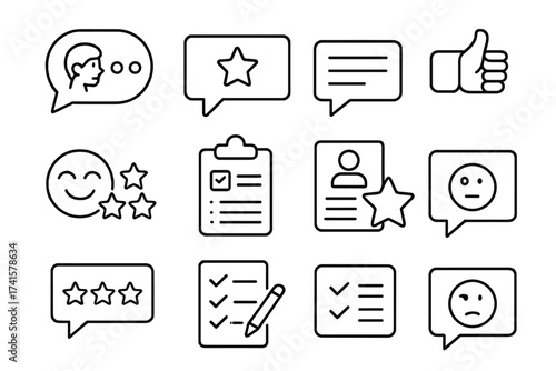 Feedback and review line icon set. Testimonial, ratings, comments, satisfaction evaluation, survey, opinion, checklist, like, star rating, user feedback, satisfaction icons collection