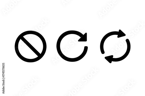 No change sign with refresh, reload, and sync icons. Vector icon set for concepts like update, cycle, replace, and prohibit. Simple flat glyph illustration for web or app UI.