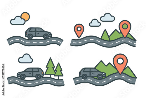 Road trip by car with journey route concept, map pins, scenic mountain and forest landscape, travel adventure, navigation icons, highway travel, destination markers, vector illustration set