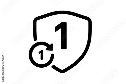 One year warranty icon. 1 year guarantee symbol. Shield with number one. Security, protection, and reliability badge. Single use concept. Countdown, timer, or deadline vector.