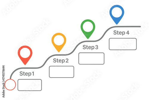 Roadmap timeline infographic template with 4 colorful location markers and step-by-step path guide, vector illustration with transparent background, ordered process flow steps design for presentations