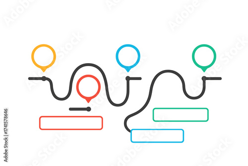 Roadmap timeline infographic with colorful steps and markers on wavy line, vector illustration template with transparent background, step-by-step process timeline, ordered concept layout