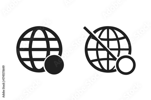 Online and offline icon set. Internet connection status symbol. Globe pictogram for web design. Vector graphic illustration of network access available and unavailable sign.