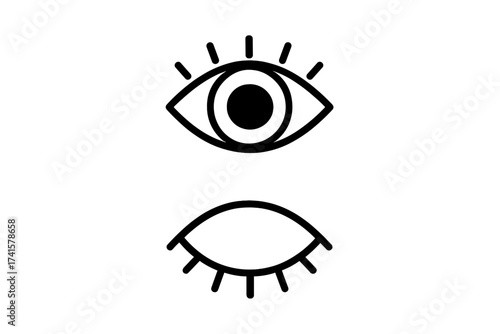Open and closed eye icon set. Simple line art for vision, see, sleep, and awake concepts. Minimalist vector illustration for web and graphic design. Look and watch symbol.