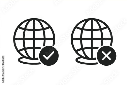 Online and offline icon set. Internet connection status symbol. Globe with check mark and cross for web access. Vector for network availability and connectivity signal.