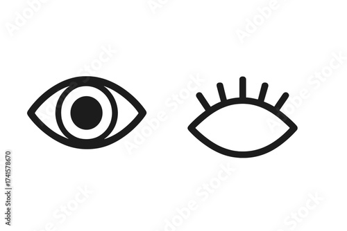 Show and hide password vector icon set. Open and closed eye symbol for UI visibility toggle. Simple illustration for vision, see, watch, sleep, awake, security concepts.