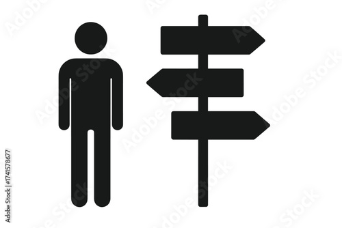 Past, present, future direction signpost with person icon. Crossroads concept of choice, decision, life path, opportunity, strategy, uncertainty, and alternatives. Arrow icon.
