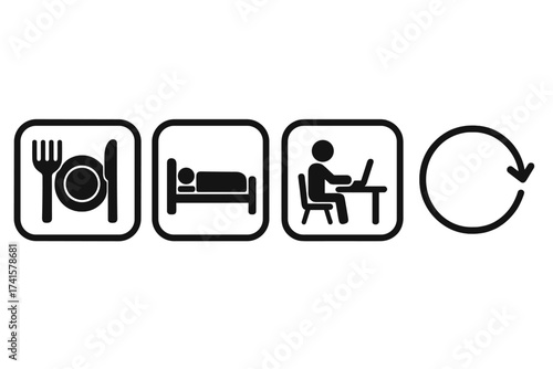 Routine lifestyle icons vector set, eat sleep work repeat concept, daily life cycle symbols, meal rest work computer, black simple silhouette illustrations, transparent background for banners