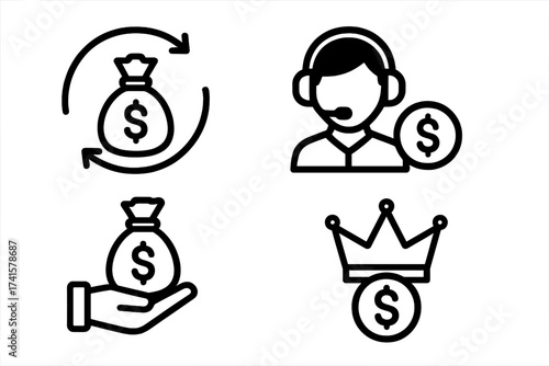 Royalties icon set with money bag, return profit arrows, customer support with dollar sign, hand holding money sack, and crown with coin concepts, vector illustration, transparent background