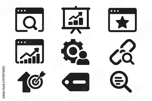 Search Engine Optimization icon set, business and marketing icons, web traffic growth, ranking improvement, optimization symbols, link management, keyword tagging, solid vector icons