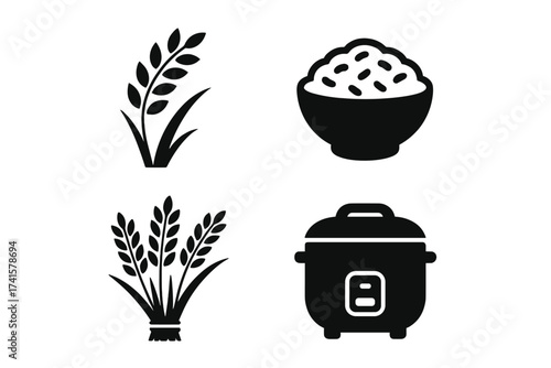 Set of rice icons including paddy stalks, freshly harvested rice bundle, cooked rice bowl, and modern rice cooker appliance vector illustration with transparent background