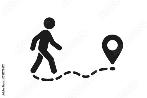 Person walking following path or GPS route icon vector illustration. Vector silhouette of a pedestrian with dotted route trail and location pin. Navigation, travel, GPS, walking route concept.