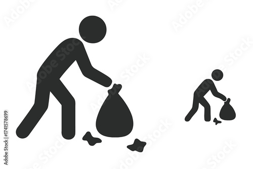 Person collecting trash icon. Man picking up garbage litter. Concept of cleaning, volunteering, and environmental care. Waste management and recycling symbol. Vector set.