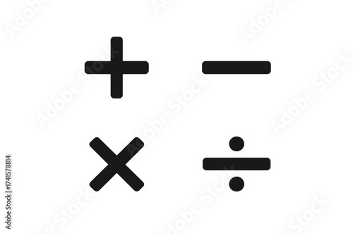 Vector set of math symbols plus minus multiply divide icons. Black math sign illustrations with transparent background. Basic arithmetic signs collection for educational and design use.