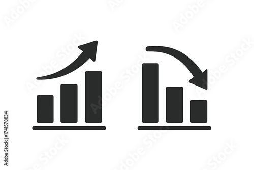 Positive and negative bar chart icon with upward and downward arrows, Infographics symbol vector illustration, transparent background, business growth and decline concept