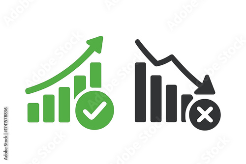 Positive and negative chart icons with rising and falling bar graphs, business growth and decline concept, infographic symbol set, vector illustration with transparent background