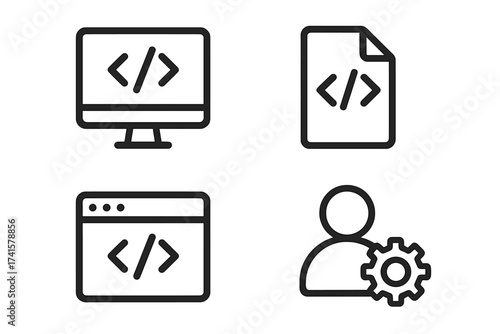 Programming development vector icons set, coding symbols on computer, code file, browser window, user with gear, software engineering, transparent background, ordered design