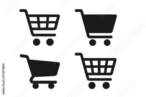 Shopping cart icon set, shopping trolley symbols collection, online business vector icons in black design, transparent background, ordered shopping cart silhouettes