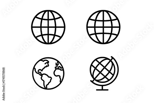 Minimalist line globe and world sphere icon set with transparent background, vector illustration of global map symbols, ordered simple earth designs, universal travel and geography signs