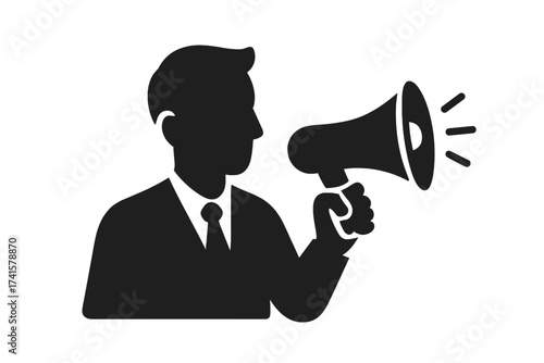 Business man with megaphone speaking loudly, public advocacy and announcement concept, silhouette icon isolated on white background, communication, promotion, marketing symbol