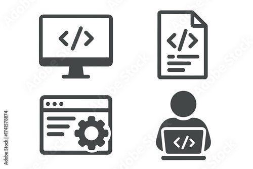Programming development vector icons set. Software coding symbols with computer, code file, web development, and coder silhouette in flat design. Transparent background.