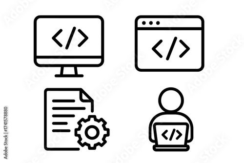 Programming and Development Vector Icon Set with Coding Symbols, Software Development, Website Coding, Script Editing, Programmer at Laptop, Tech Icons in Minimalist Style