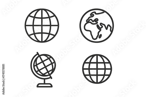 Simple line globe and world sphere icon set in modern different designs, vector illustration collection, transparent background, global map symbols, worldwide geographic concept