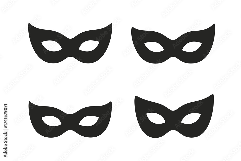 Fototapeta premium Theater mask icon collection silhouette. Masquerade party and carnival mask vector illustration set with black mask shapes on transparent background. Costume and disguise accessory design.