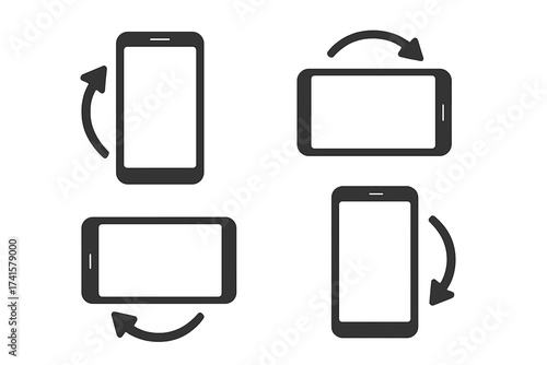 Mobile phone screen rotation icon set, device rotation arrows, vector illustration with transparent background, smartphone flipping clockwise and counterclockwise, tech symbol