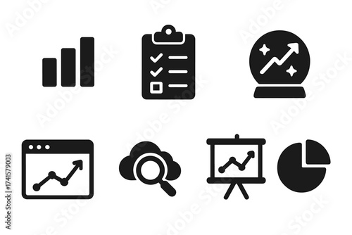 Statistics icon set including data charts, web analytics, survey results, prediction forecasting, presentation graphs, cloud data analysis, pie charts, solid vector collection