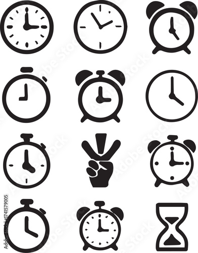 Timekeeping icon set in black and white with clocks, stopwatches, hourglass, and gesture for scheduling and punctuality themes