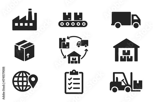 Supply chain icon set industry production with factory, conveyor belt, delivery truck, package, warehouse, global logistics, checklist, forklift, distribution process illustration