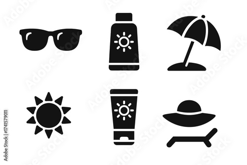 Sun protection icon set with sunglasses, sunscreen, sunblock, beach umbrella, sun hat, and summer leisure items. Vector illustration of summer safety and sun care essentials.
