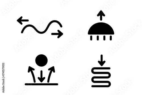 Resilience icon set with flexible, elastic, bounce, and compressed symbols isolated on white background, vector illustration, strength, adaptability, compression, elasticity concepts