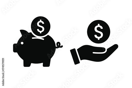 Saving money icon vector illustration with dollar coin and piggy bank, earning and financial concept, black silhouette set with hand holding coin, finance and investment symbols