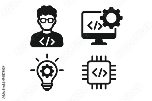 Technology development icon set with developer symbols, programming code, gear settings, light bulb innovation, and microchip vector illustrations on transparent background