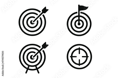 Target icon collection with arrows and flags, goal achievement symbols, vector illustration set of success, aim, focus, precision, winning shot, bullseye, competition, accuracy concept