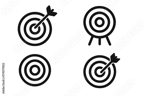 Target icon collection, goal symbols set with arrows hitting bullseye, vector illustration with transparent background, success and achievement concept, precision aim design