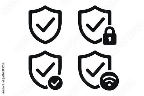 Protection shield icons set with check marks, lock security, verified approval, wireless secure network vector illustration, safety concept symbols, cybersecurity design elements
