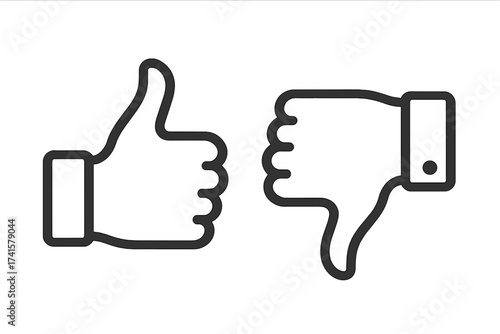 Thumb Up and Thumb Down Signs Vector Illustration, Outline Hand Gesture Icons with Transparent Background, Positive and Negative Feedback Symbols, Social Media Approval and Disapproval Design