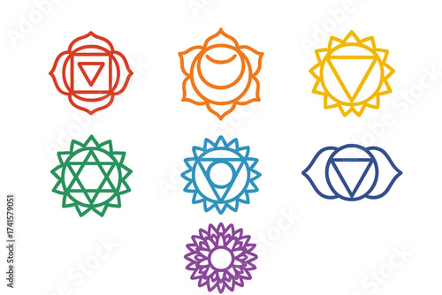 The Seven Chakras Icon Set, Muladhara, Svadhisthana, Manipura, Anahata, Vishuddha, Ajna, Sahasrara, Spiritual Symbols Vector Illustration, Yoga, Buddhism, Hinduism Energy Centers