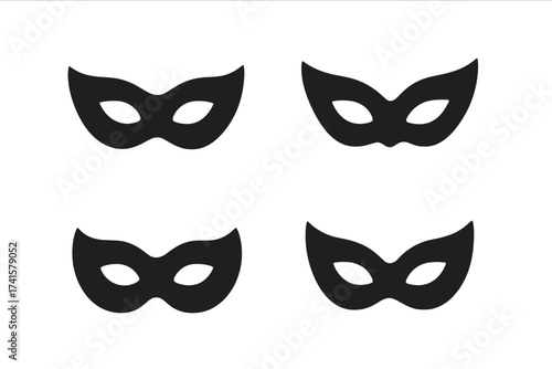 Theater and Masquerade Mask Icon Collection, Black Silhouette Vector Illustration Set with Transparent Background, Carnival and Costume Party Masks, Party Decoration Symbols