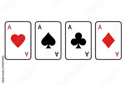 Set of Ace playing cards with heart, spade, club, and diamond suits. Poker symbols vector illustration. Classic card game icons with transparent background. Ordered playing card set.