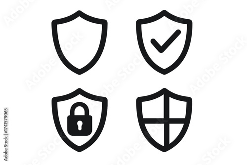 Security shield icons set, protected vector illustration with transparent background, shield with check mark, lock, and divided cross, symbol of safety and cybersecurity
