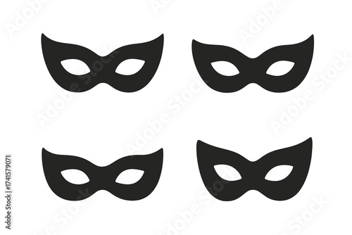 Theater mask icon collection silhouette. Masquerade party and carnival mask vector illustration set with black mask shapes on transparent background. Costume and disguise accessory design.