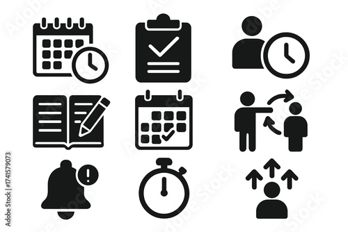 Time management icon set vector including schedule, to-do list, task planner, calendar, reminder, timer, priority setting, delegation, productivity and organization symbols
