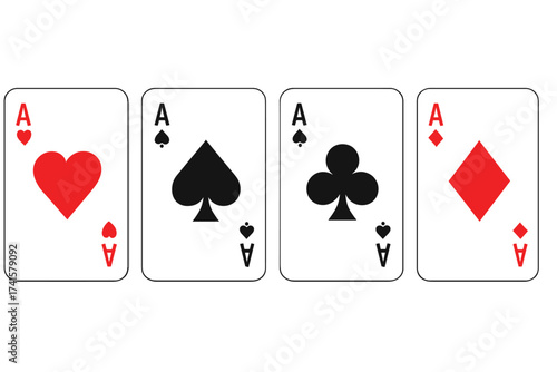 Set of Ace Playing Cards with Heart, Spade, Club, and Diamond Symbols. Poker Vector Illustration with Transparent Background. Classic Card Suit Icons, Ordered Poker Card Set.