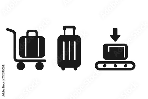 Travel icon set with luggage trolley, suitcase bag, and baggage claim conveyor belt, vector graphic illustration for airport, tourism, tourism bags, travel essentials, and airport luggage handling