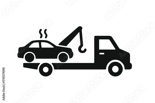Tow truck carrying broken down car icon, vector illustration with transparent background, roadside assistance concept, vehicle recovery symbol, transportation service design