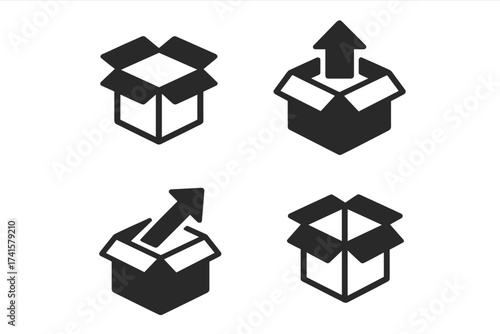 Open box icons set with unpack and upload symbols, vector illustration collection of black open cardboard boxes with arrows, transparent background, packaging, shipping concepts